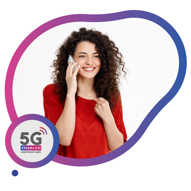 Smiling woman talking on phone with 5G enabled badge, representing eSIM plans with high-speed connectivity in Australia